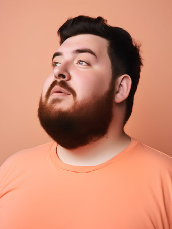 Portrait of a bearded man in an orange T-shirt.の素材