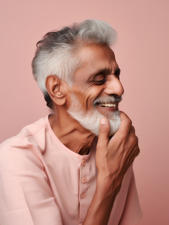 Portrait of an old man with a white beard on a pink backgroundの素材