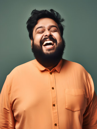 Portrait of a happy Indian man laughing while standing against green backgroundの素材
