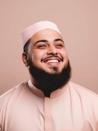 Portrait of a happy muslim man in hijab smiling at cameraの素材