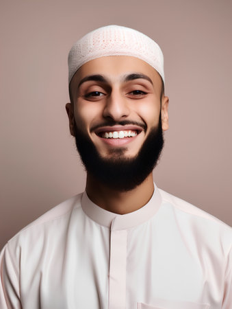 Portrait of a handsome young muslim man in a white t-shirt.の素材