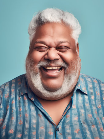 Portrait of happy senior man laughing and looking at camera against blue backgroundの素材