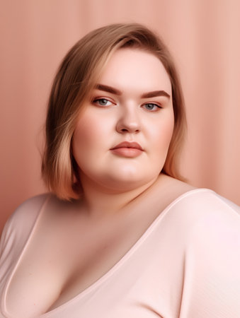 Portrait of a beautiful young woman with blond hair on pink backgroundの素材