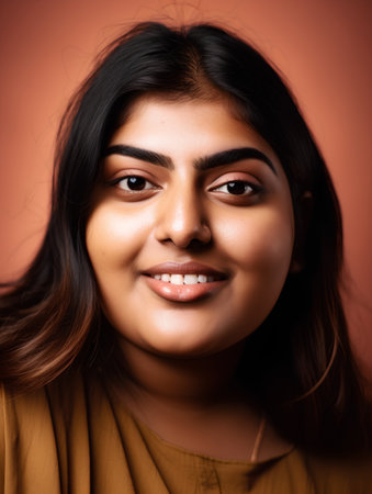 Portrait of a beautiful young Indian woman smiling on a brown backgroundの素材