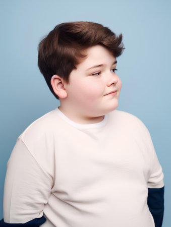 Portrait of a boy on a blue background. Studio shot.の素材