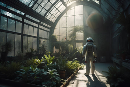 Astronaut in a greenhouse. Futuristic science fiction scene.の素材