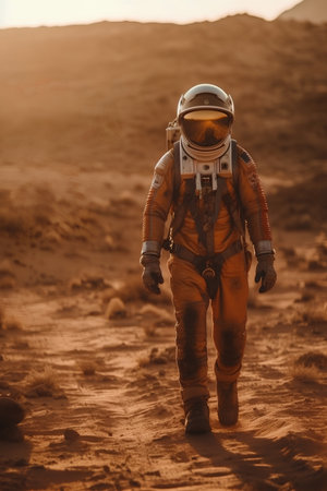Astronaut in orange suit and helmet walking on sand in desertの素材