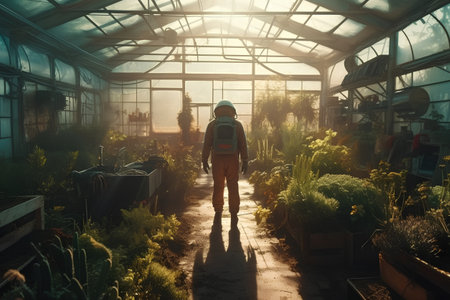 Man with backpack walking through a greenhouse with plants in the sunlight.の素材