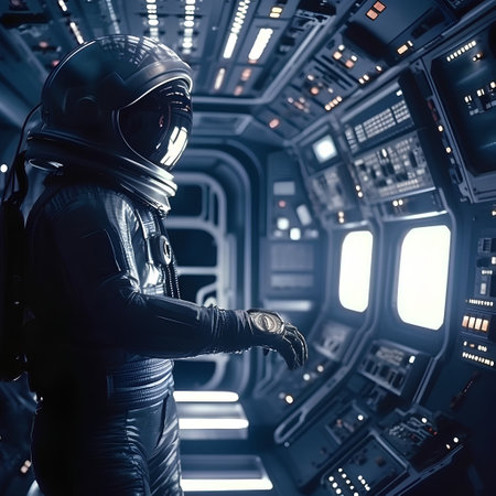 Astronaut in black suit and helmet in the spaceship interior.の素材
