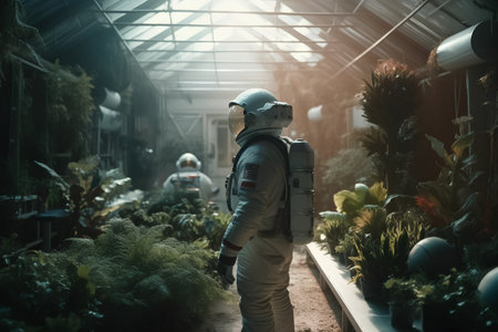 Astronaut standing in a greenhouse. 3d rendering toned imageの素材