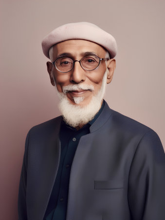 Portrait of a handsome senior Indian man with white beard wearing a hat and glassesの素材