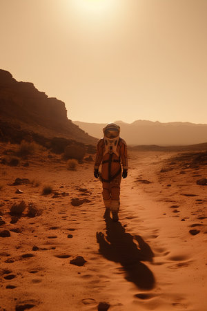 Astronaut in the desert at sunset. 3d rendering.の素材