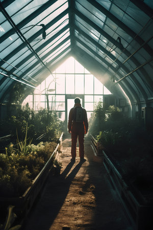 Back view of a man walking in a greenhouse with green plants.の素材