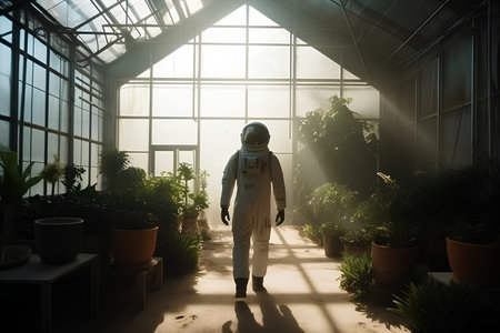 Astronaut in the interior of a greenhouse with green plants.の素材