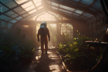 Back view of a man in an astronaut suit walking in a greenhouse.の素材