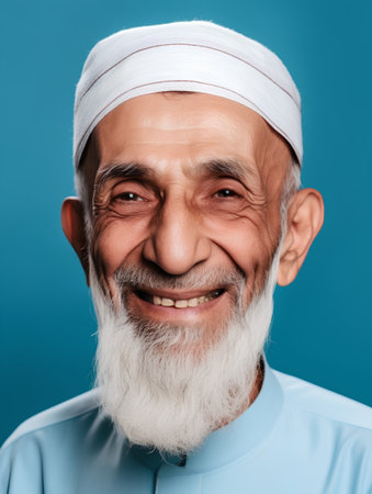 Portrait of a smiling senior man with white beard and mustache over blue background.の素材