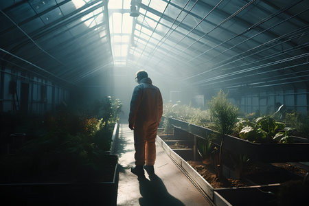 A man in a protective suit stands in a greenhouse with plants.の素材