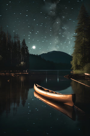 Beautiful night landscape with a boat on a lake in the mountainsの素材