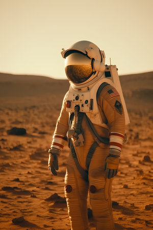 Astronaut in the desert at sunset. Retro style tonedの素材
