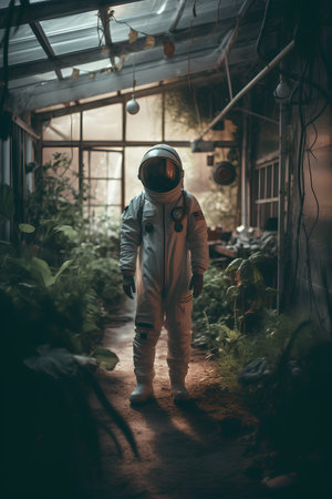 Astronaut in a greenhouse. A man in a spacesuit walks along the path.の素材