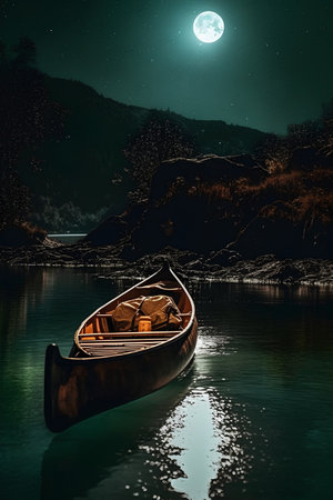 Fantasy night landscape with boat on the lake and full moon.の素材