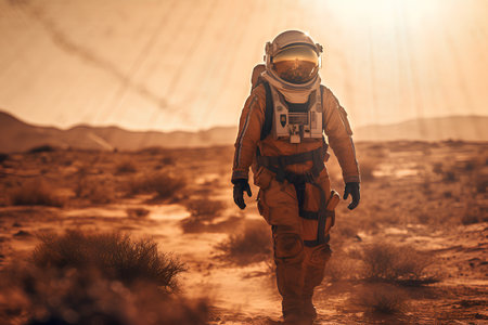 Astronaut with helmet and suit in the desert. Space exploration.の素材