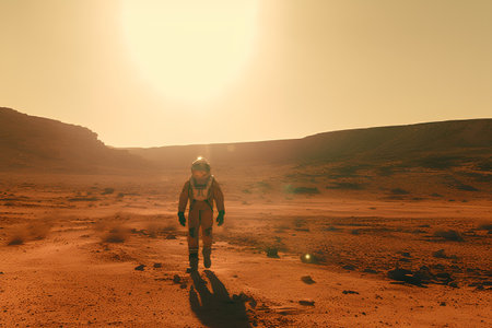 Astronaut walking in the desert at sunset. 3d renderの素材