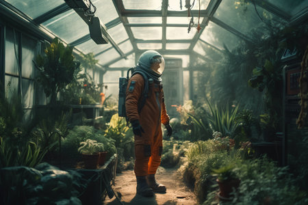 Rear view of a man wearing hazmat suit and looking at plants in a greenhouseの素材