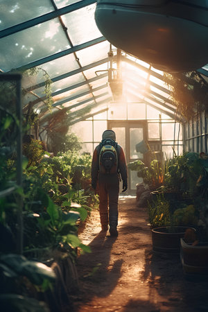 Young man with a backpack walks through the greenhouse. The concept of environmental protection.の素材