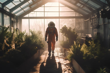 A man in an astronaut suit walks through a greenhouse with plants.の素材