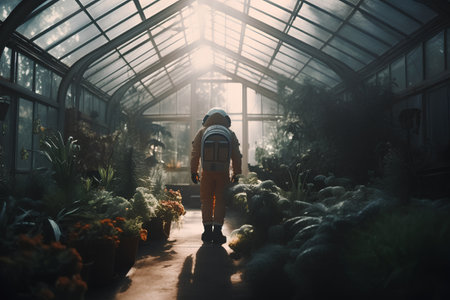 A man in a hazmat suit walks through a greenhouse full of plants.の素材