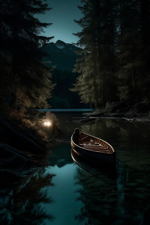Wooden boat on the lake at night. 3D render.の素材