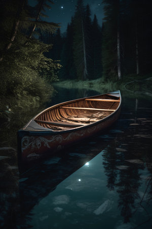 Wooden kayak on the lake at night. 3d renderingの素材