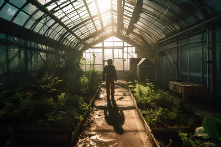 Silhouette of a young man walking through a greenhouse with plantsの素材