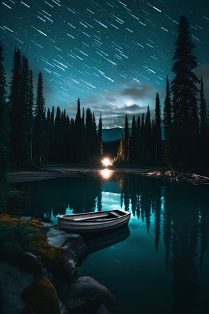 Beautiful night landscape with lake, starry sky and boat.の素材