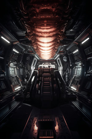 Spaceship interior. Futuristic spaceship interior. 3D renderingの素材