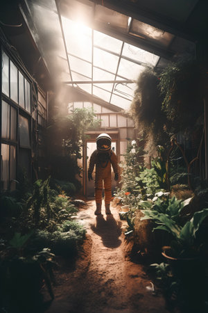 Astronaut walking in a greenhouse. Astronaut exploring the planet.の素材