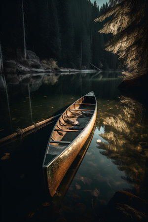 Fantastic landscape with a wooden canoe on a lake in the forestの素材