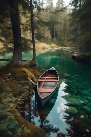 Beautiful lake in the forest with a wooden boat on the shoreの素材