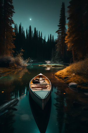Fantastic night landscape with a wooden boat on the lake.の素材
