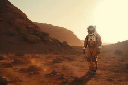 Astronaut walking in the desert at sunset. 3d renderingの素材