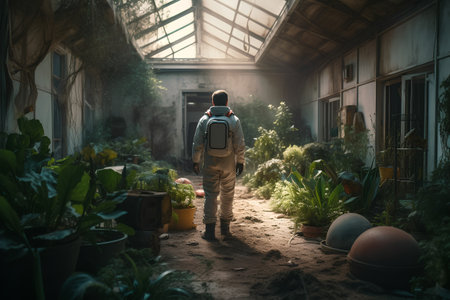 Back view of man with backpack walking in a garden with plants.の素材