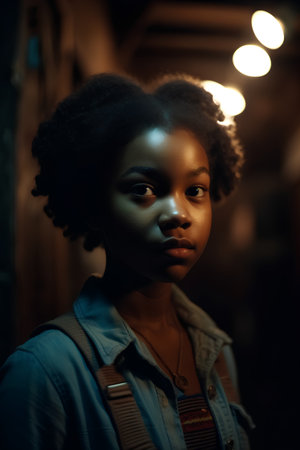 Beautiful african american young woman with afro hairstyle posing at night.の素材