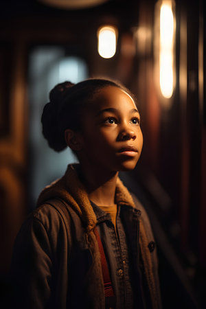 Portrait of a young african american woman in a dark roomの素材