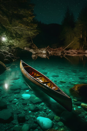 Kayak on the lake in the forest at night. 3d renderの素材