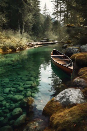 Wooden boat on the shore of a mountain lake in the forestの素材