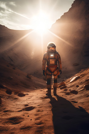 Astronaut walking in the desert at sunset. 3d renderingの素材