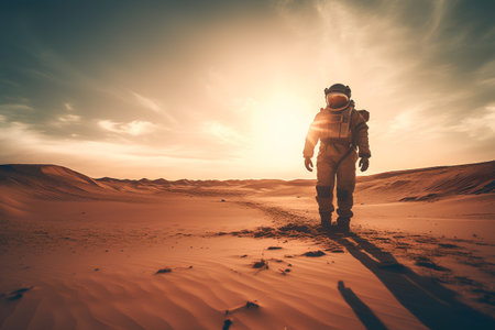 A man in a spacesuit walks through the desert at sunset.の素材