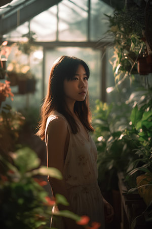 Beautiful asian woman in a greenhouse with flowers, selective focusの素材