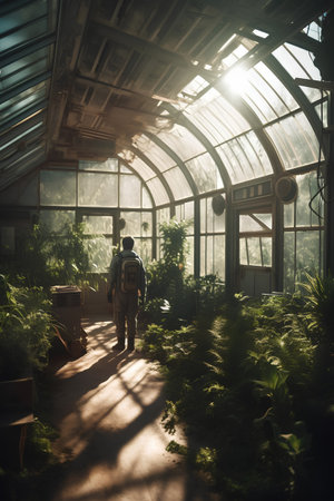 A man with a backpack walks through a greenhouse in the sunlight.の素材
